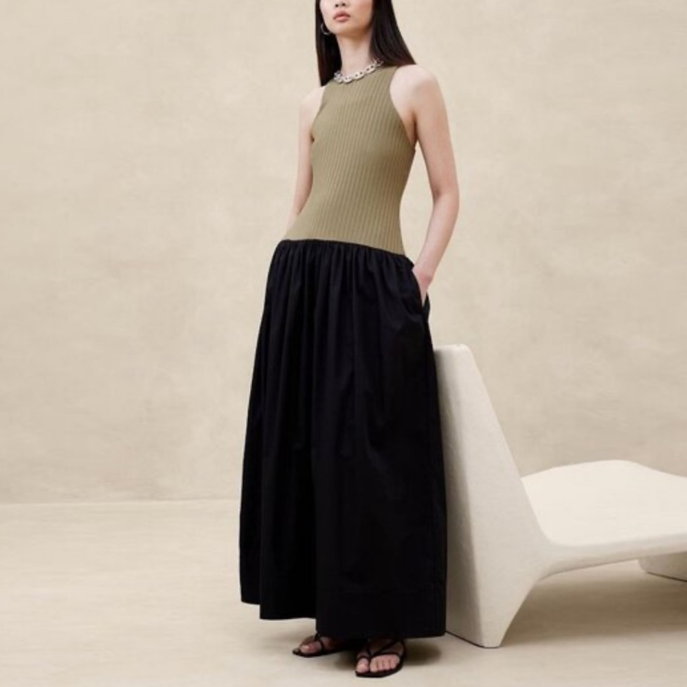 Banana Republic Olive Ribbed Halter Maxi Dress with Black Skirt